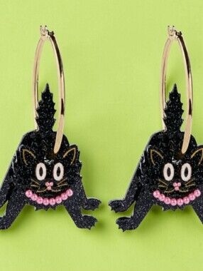 BaubleBar Fraidy Cat Black Cat Hoop Earrings with Pink Accent New In Box